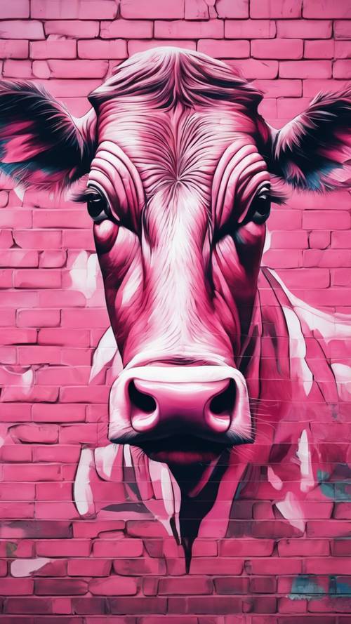 Graffiti-style mural of abstract pink cow design on a brick wall.