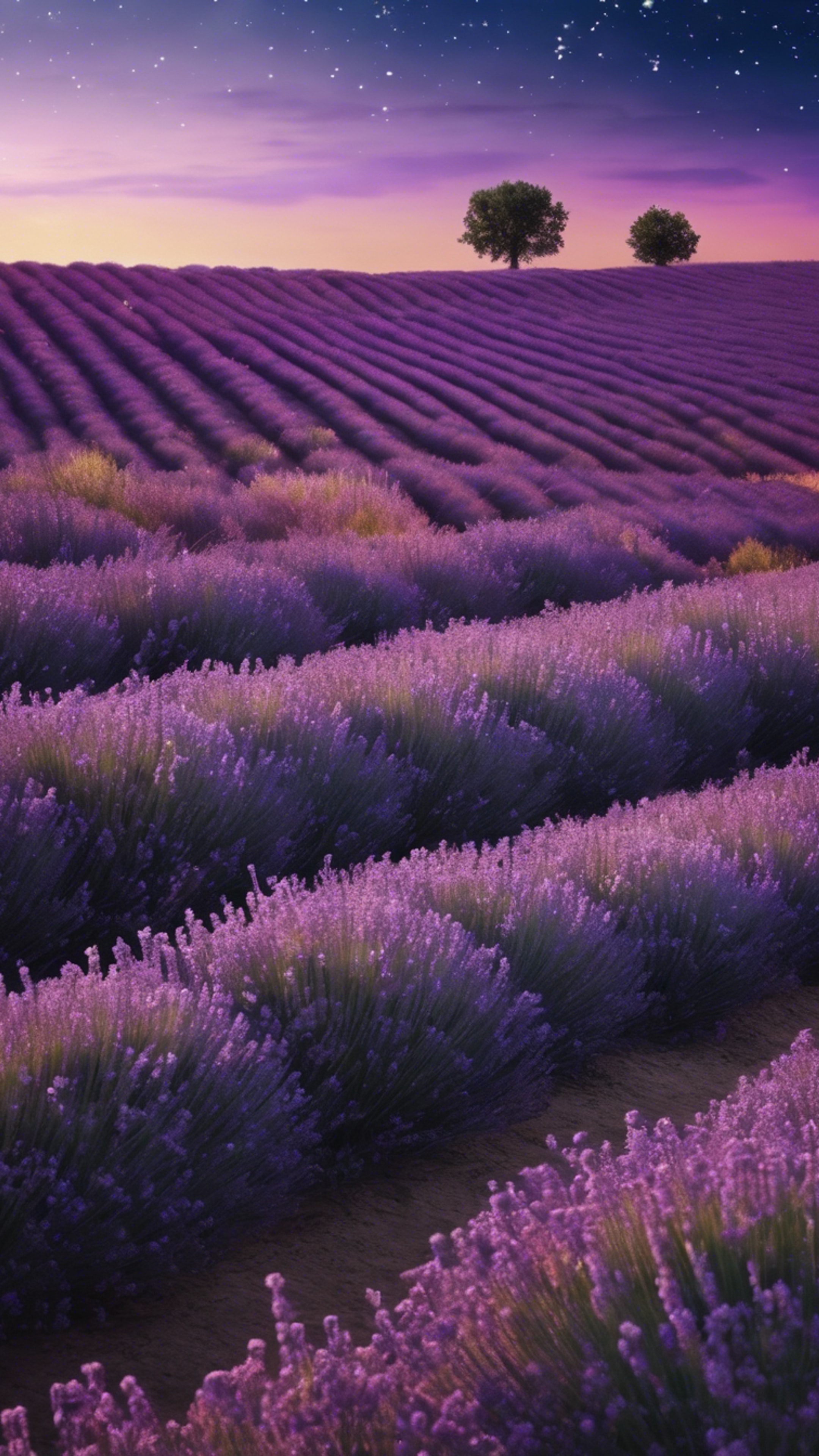 A lavender field under twilight, with stars beginning to light up in the sky. Wallpaper[d19e5dd9cee4494aa5f5]