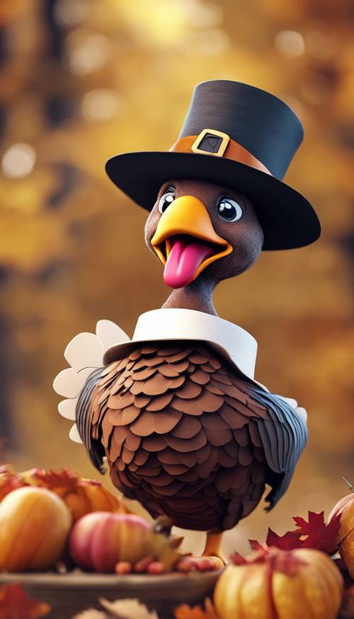 A playful turkey wearing a Pilgrim's hat as part of a cartoonish Thanksgiving illustration. Wallpaper [5bb26fff16fd42cea0c1]