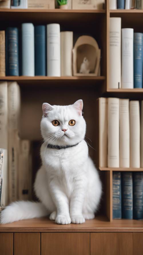 Seekor kucing Scottish Fold berwarna putih dengan telinga uniknya terlipat, duduk di rak buku.