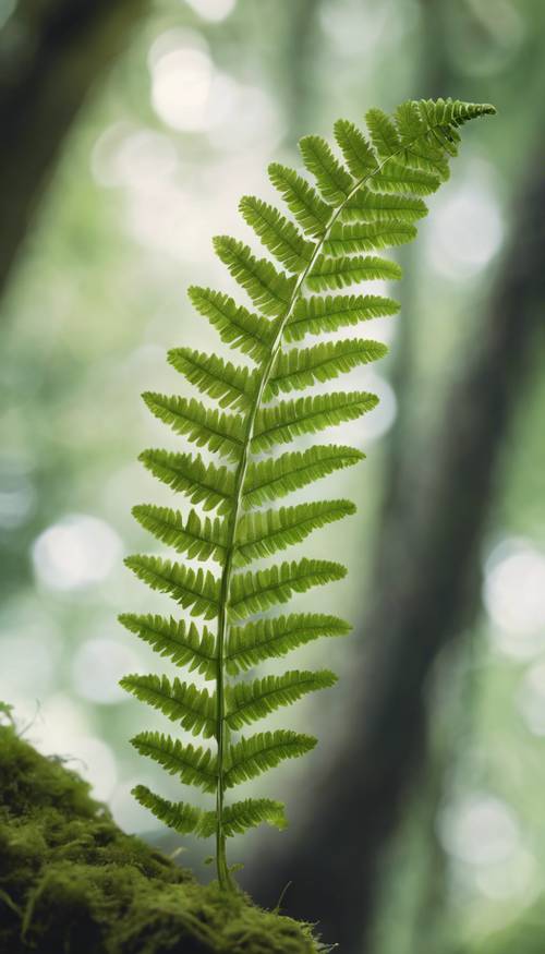 A close-up of a delicate green fern leaf against a backdrop of ancient mossy wood. Tapet [5dea69829be94bcaa047]