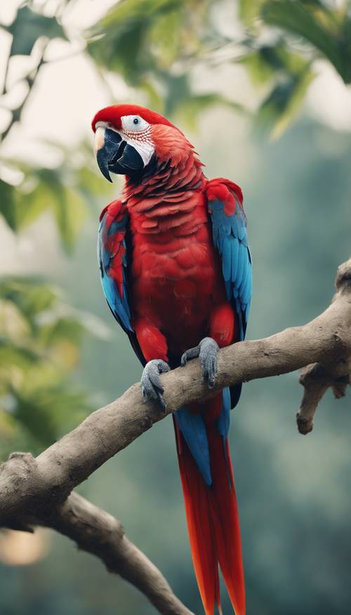 A blue and red parrot perched on a branch, flapping its wings.