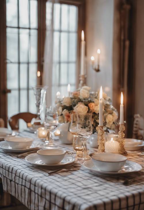 Beyaz kareli masa örtüleri ve narin çinilerden oluşan, mum ışığında romantik bir yemek masası seti.