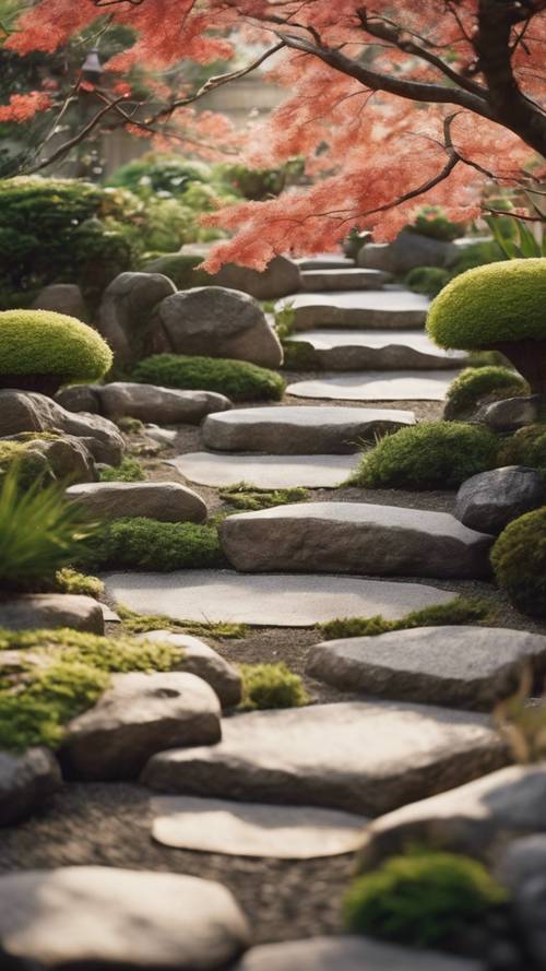 A zen Japanese garden with a stone pathway.