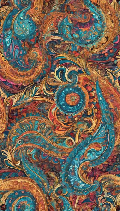 A seamless pattern of bright, multi-colored paisley swirls.