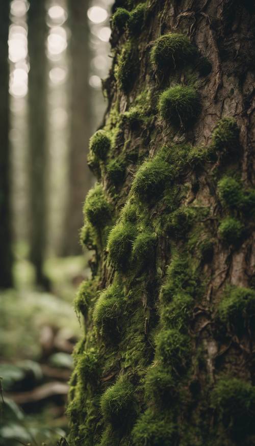 고대 숲의 오래된 나무 껍질에 여러 겹의 짙은 녹색 이끼가 자라고 있습니다.