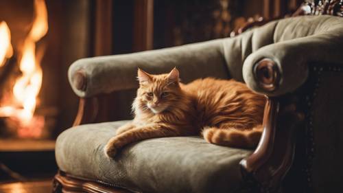 A ginger cat curled up on a vintage armchair near a warm fireplace. Wallpaper [65a28560ceec4f419b3b]