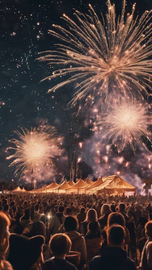 Una familia de estrellas del zodíaco Tauro formándose a partir de espectaculares fuegos artificiales en un concurrido festival urbano durante una noche fresca y despejada.
