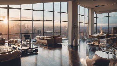 A sleek penthouse apartment featuring panoramic city views, modern furniture, and an open floor plan.