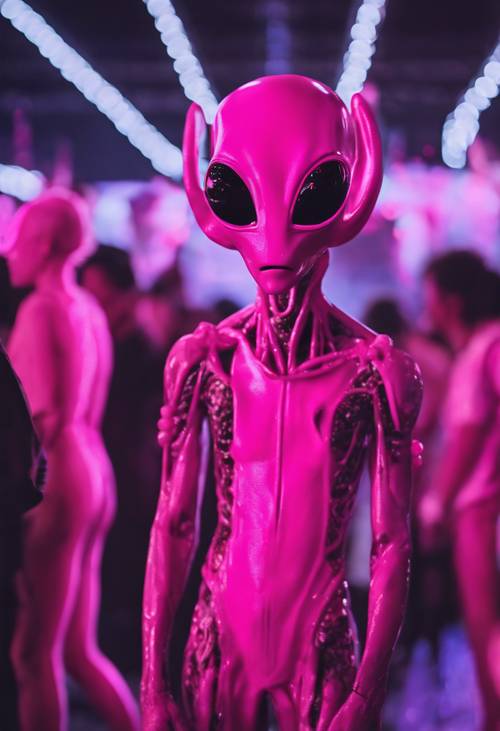 Um alienígena rosa neon participando de uma festa rave com amigos humanos