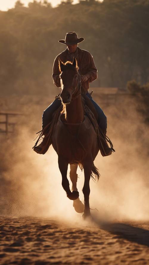 Un cowboy solitario in sella a un cavallo marrone al tramonto con polvere che vola intorno.