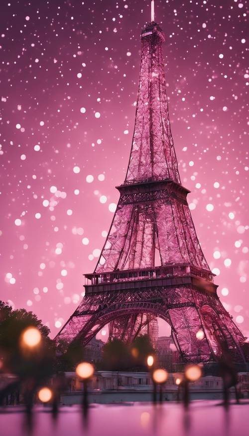 Paris&#39;in ışıltılı gece gökyüzüne karşı dimdik duran pembe bir Eyfel Kulesi.