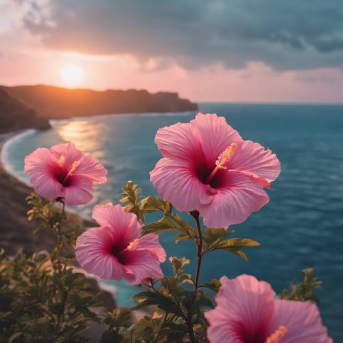A sunset landscape of a blue ocean with pink hibiscus flowers in the foreground.