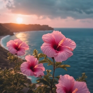 A Sunset Landscape Of A Blue Ocean With Pink Hibiscus Flowers In The 