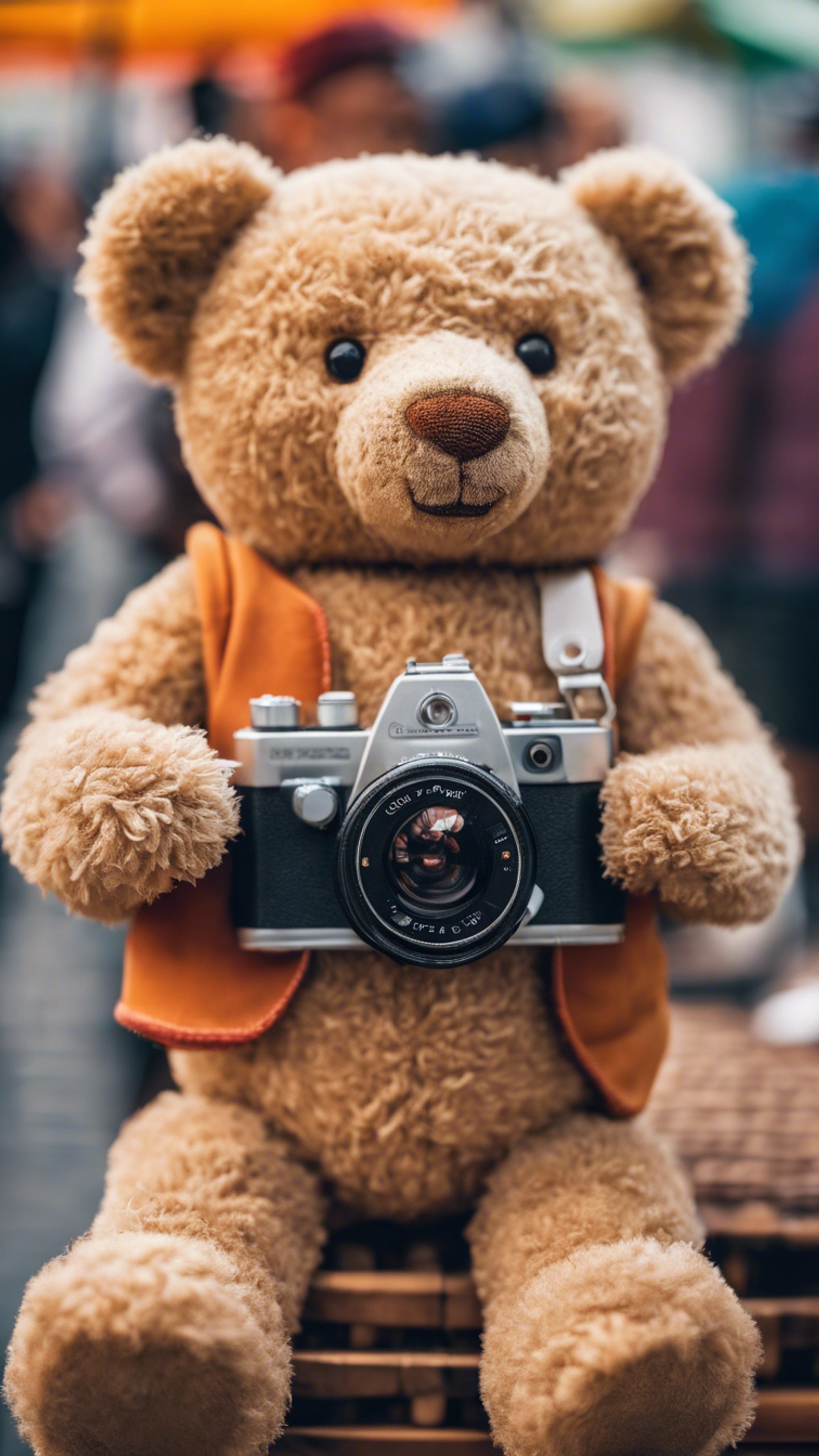 A teddy bear photography hobbyist, holding a toy camera, stood amidst a vibrant street fair. Hintergrund[6bbb7c06ef4c4008bbb6]