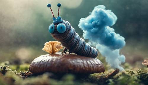 Гусеница сидит на грибе и курит кальян среди облака голубого дыма.