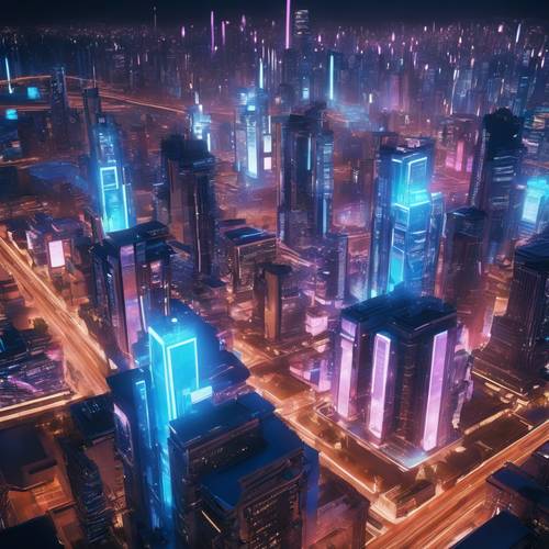 Uma movimentada cidade futurista iluminada com luz azul neon