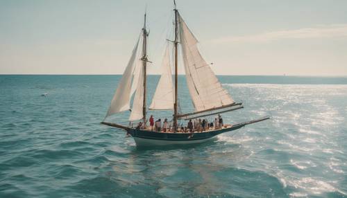 A sailing boat in the ocean with preppy styled people enjoying a sunny day.