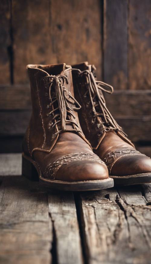 Sepasang sepatu bot kulit dengan gaya boho barat, terletak di lantai kayu tua