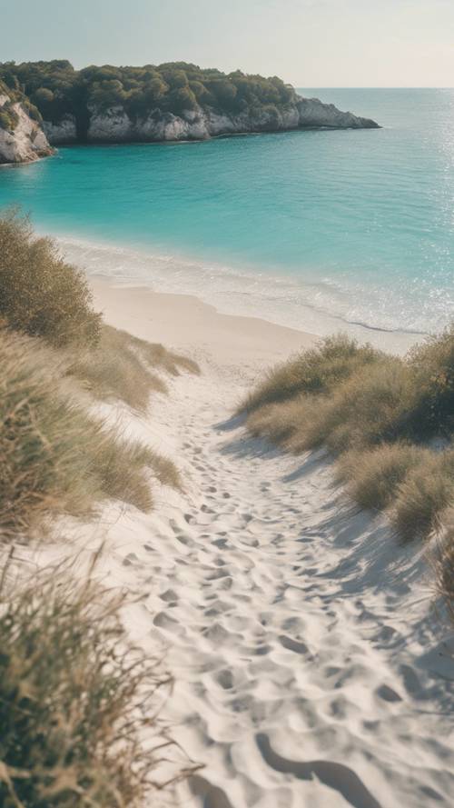 Pantai pedesaan Prancis yang masih asli dan terpencil dengan garis pantai berpasir putih bertemu dengan perairan biru kehijauan yang jernih.