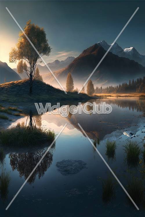 Отражение туманной горы в спокойном озере