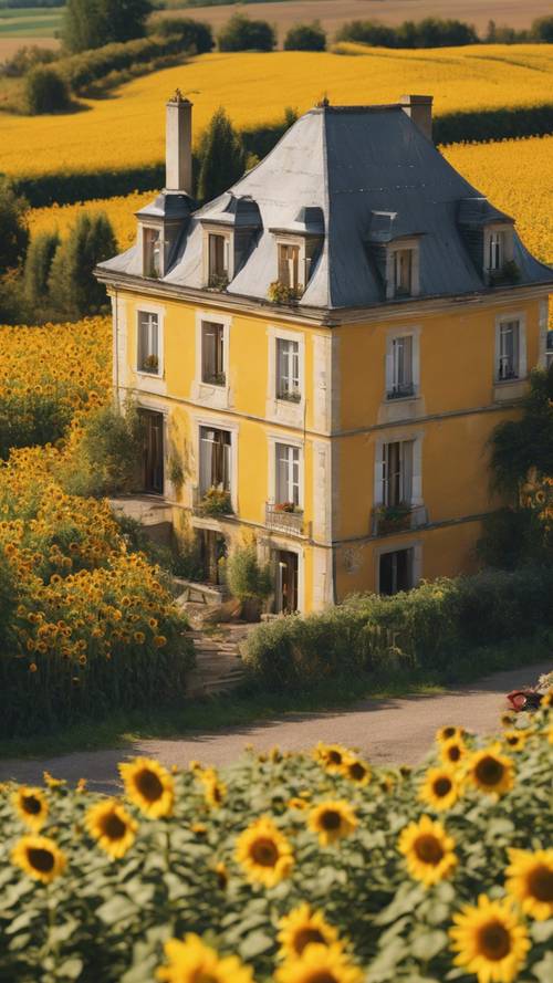 A quaint French country house nestled in a field of bright yellow sunflowers during a sunny afternoon.