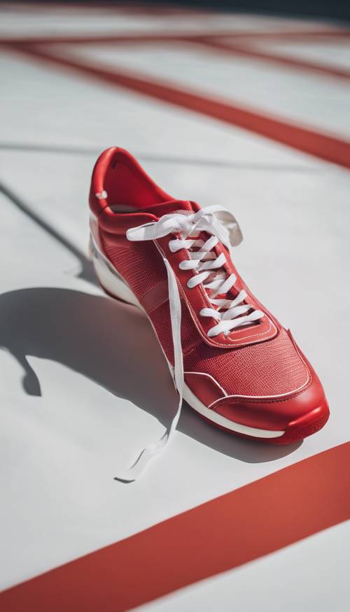 Red tennis shoes in preppy style on a pristine white background.