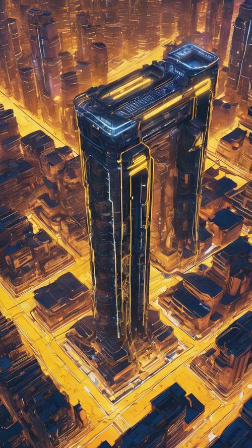 Uma vista aérea de uma megaestrutura iluminada em amarelo em um mundo tecnológico distópico.
