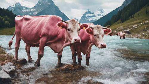 Pink cows happily drinking crystal clear water from a glacial stream.