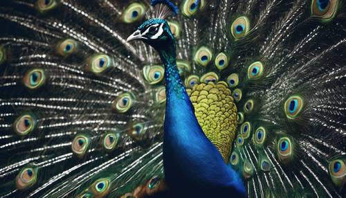 Blue peacock with its feathers closed, standing mysteriously in the moonlight.