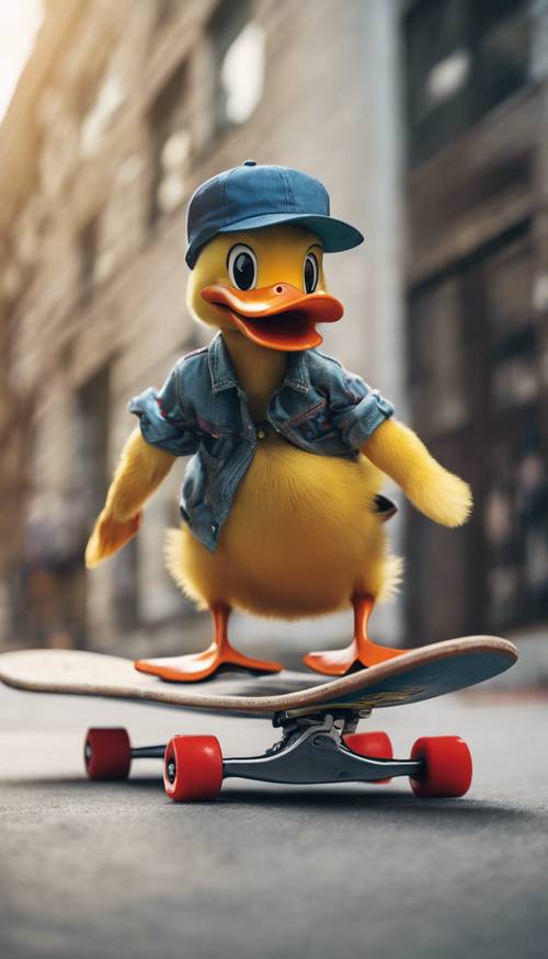 Una simpatica papera in stile fumetto che indossa un cappello all&#39;indietro e scarpe da ginnastica, eseguendo un trucco con lo skateboard.