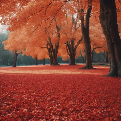 A blanket of scarlet and tangerine leaves covering the ground beneath towering trees. Tapet [f8a4565c99e64077972a]