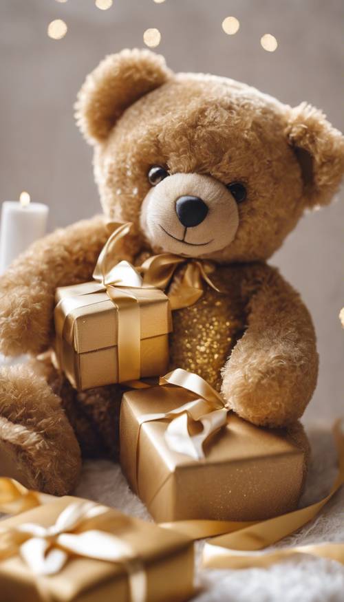 Un osito de peluche que sostiene un corazón está sentado junto a una caja de regalo envuelta en papel dorado.