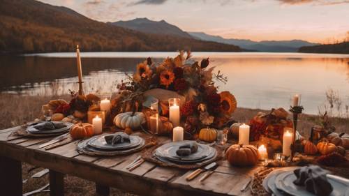 An outdoor Thanksgiving setup with boho decorations next to a breathtaking mountain lake during sunset.