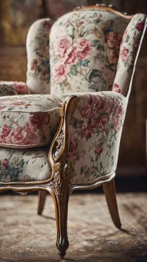 An antique chair upholstered with floral printed coarse linen.