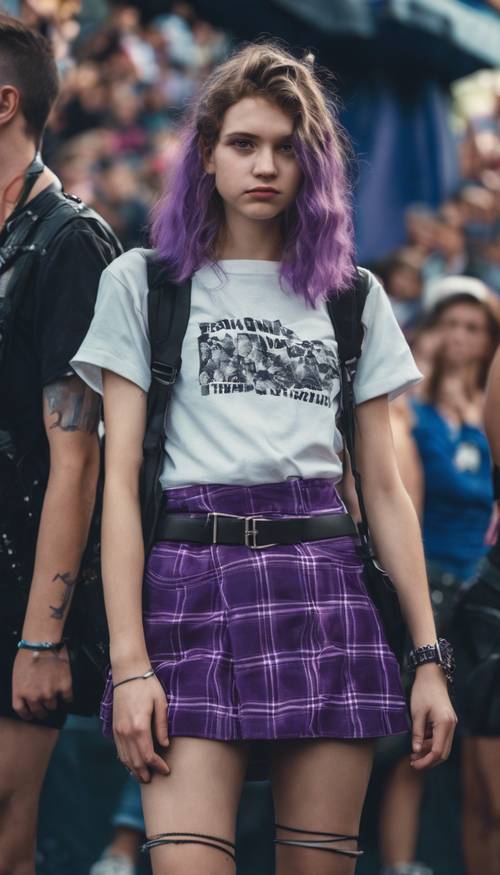A teenage girl attending a punk concert, wearing a purple plaid skirt