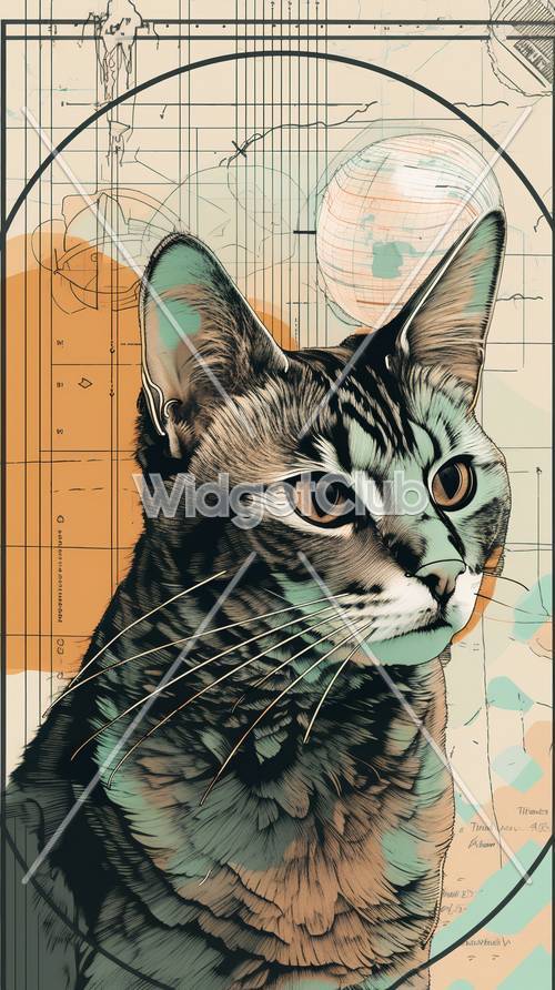 Colorful Cat Art with Maps and Blueprints