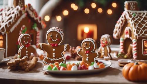 Eine Familie süßer Lebkuchenmänner bereitet in einem Süßigkeitenhaus ein Thanksgiving-Festmahl vor.