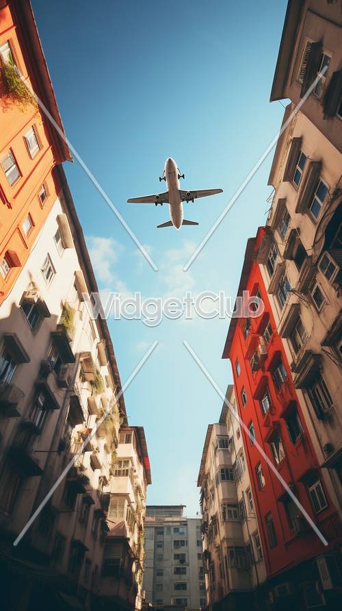 Máy bay bay qua các tòa nhà đầy màu sắc