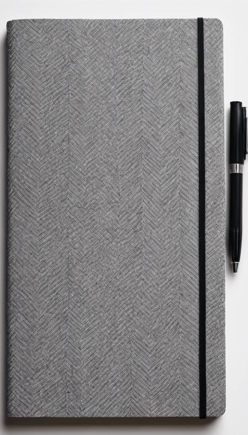 Un carnet avec une couverture en tissu gris à chevrons posé sur un bureau blanc.