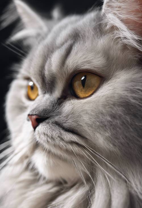 Un primer plano detallado de un gato persa gris claro, con su pelaje claro y majestuoso.