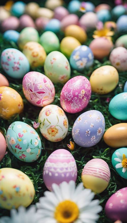 Uma variedade de ovos de Páscoa em tons pastéis escondidos entre flores vibrantes da primavera em um jardim.