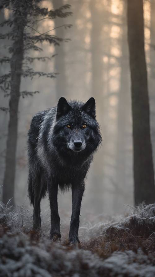 Un fresco lobo peludo negro y gris merodeando por un bosque lleno de niebla al amanecer.