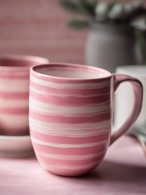 Righe rosa e bianche dipinte a mano su tazza in ceramica.