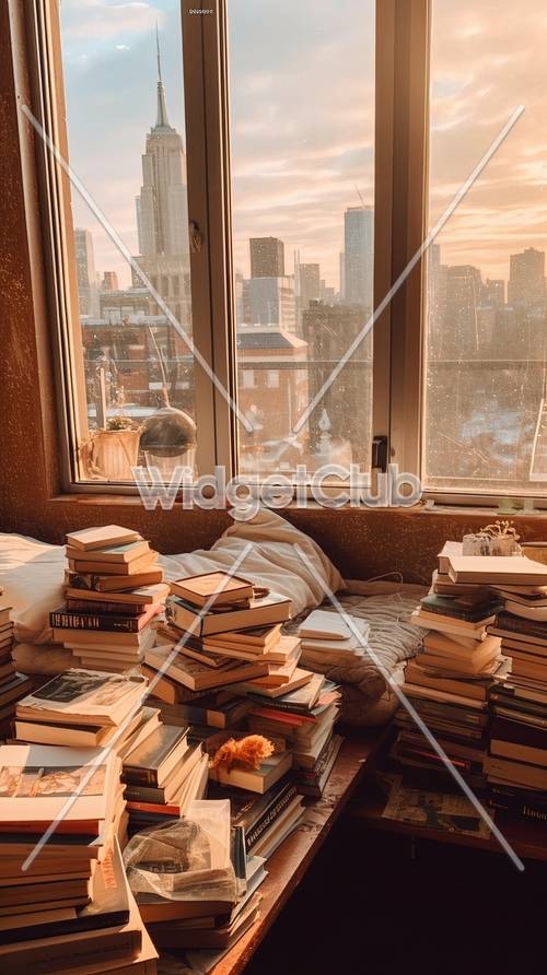 Sunset City View Through a Window with Stacks of Books Wallpaper[1b9f5b1e08bc4384a53f]