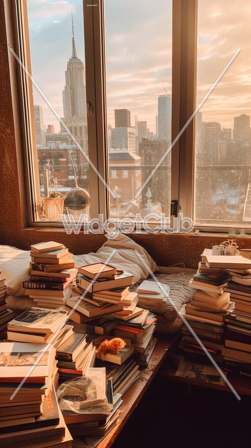 Vista de la ciudad al atardecer a través de una ventana con montones de libros