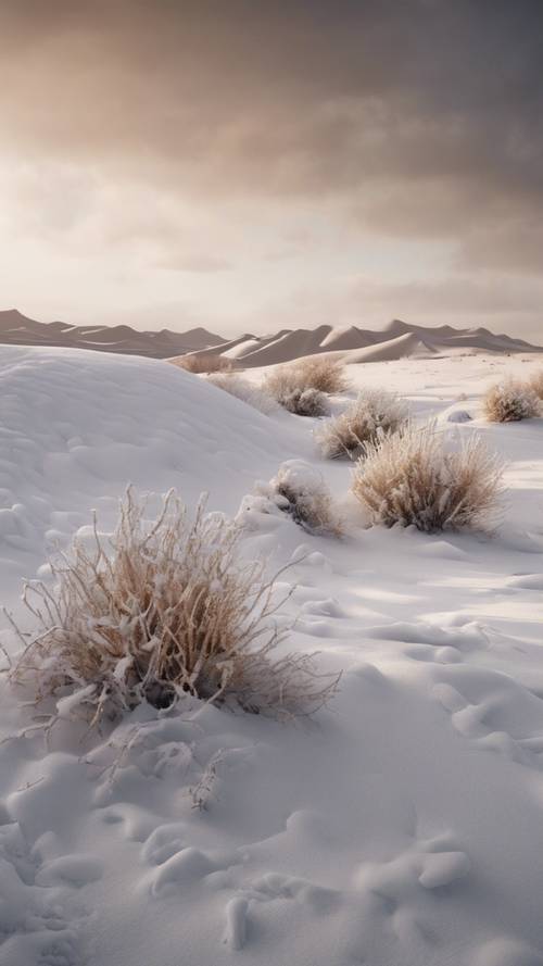 Pustynny krajobraz pokryty śniegiem podczas rzadkiej mroźnej zimy.
