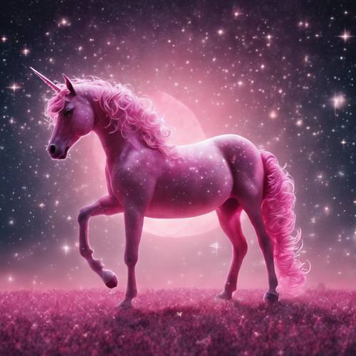 Ilustrasi mempesona unicorn merah muda di bawah langit malam berbintang.