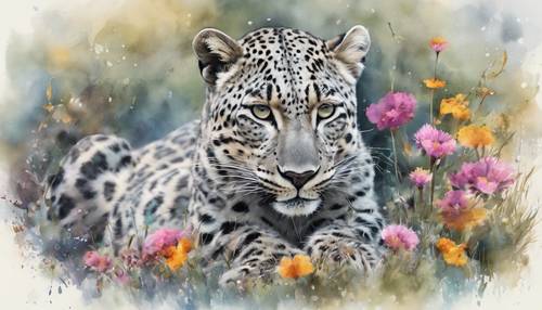 Artistic portrait of a gray leopard lounging lazily amidst wild flowers, painted with watercolors.