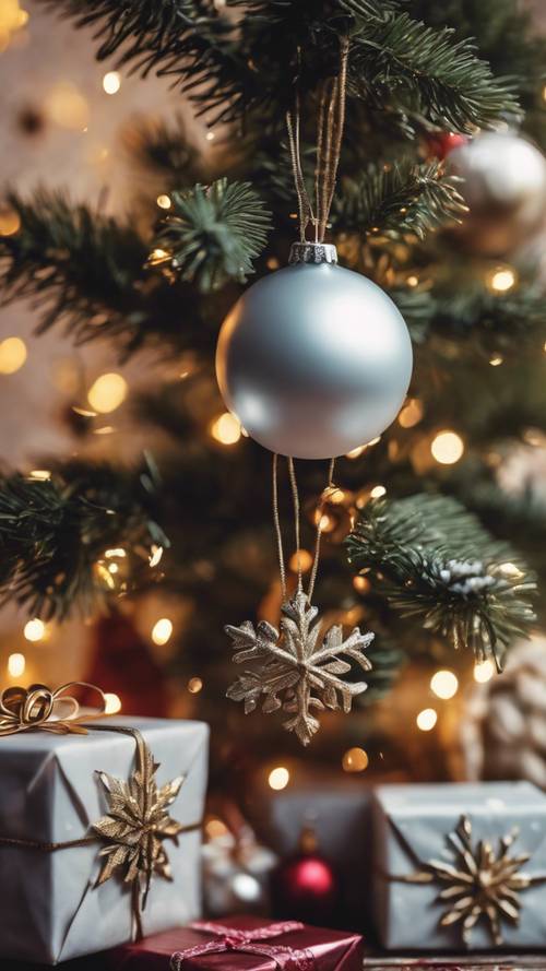 Pengaturan Natal bersalju dengan pohon berhias matahari dan bulan memancarkan cahaya ajaib pada hadiah yang dibungkus dengan meriah.